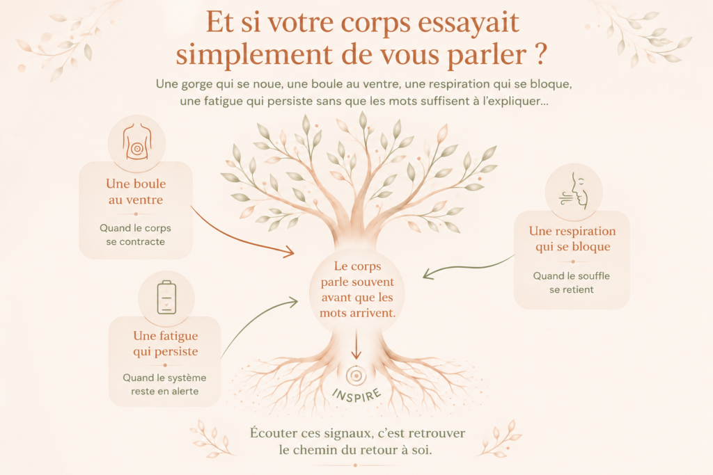 Illustration de l’écoute des signaux du corps : boule au ventre, respiration bloquée et fatigue persistante, au cœur de l’approche Intéroception Vivante.