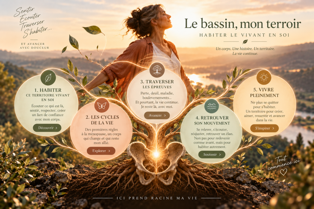 Le bassin, mon terroir Illustration d’une femme reliée à un bassin d’où s’élève un arbre, dont les racines et les branches représentent cinq chemins pour habiter le vivant en soi.