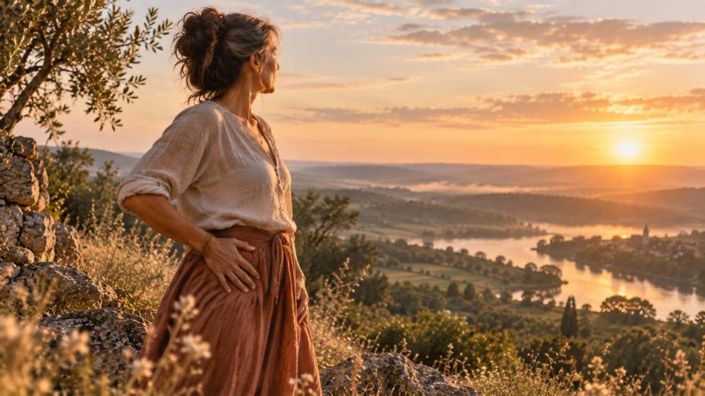 Le bassin, mon terroir Femme debout dans la nature, une main posée sur son bassin, regardant l’horizon.